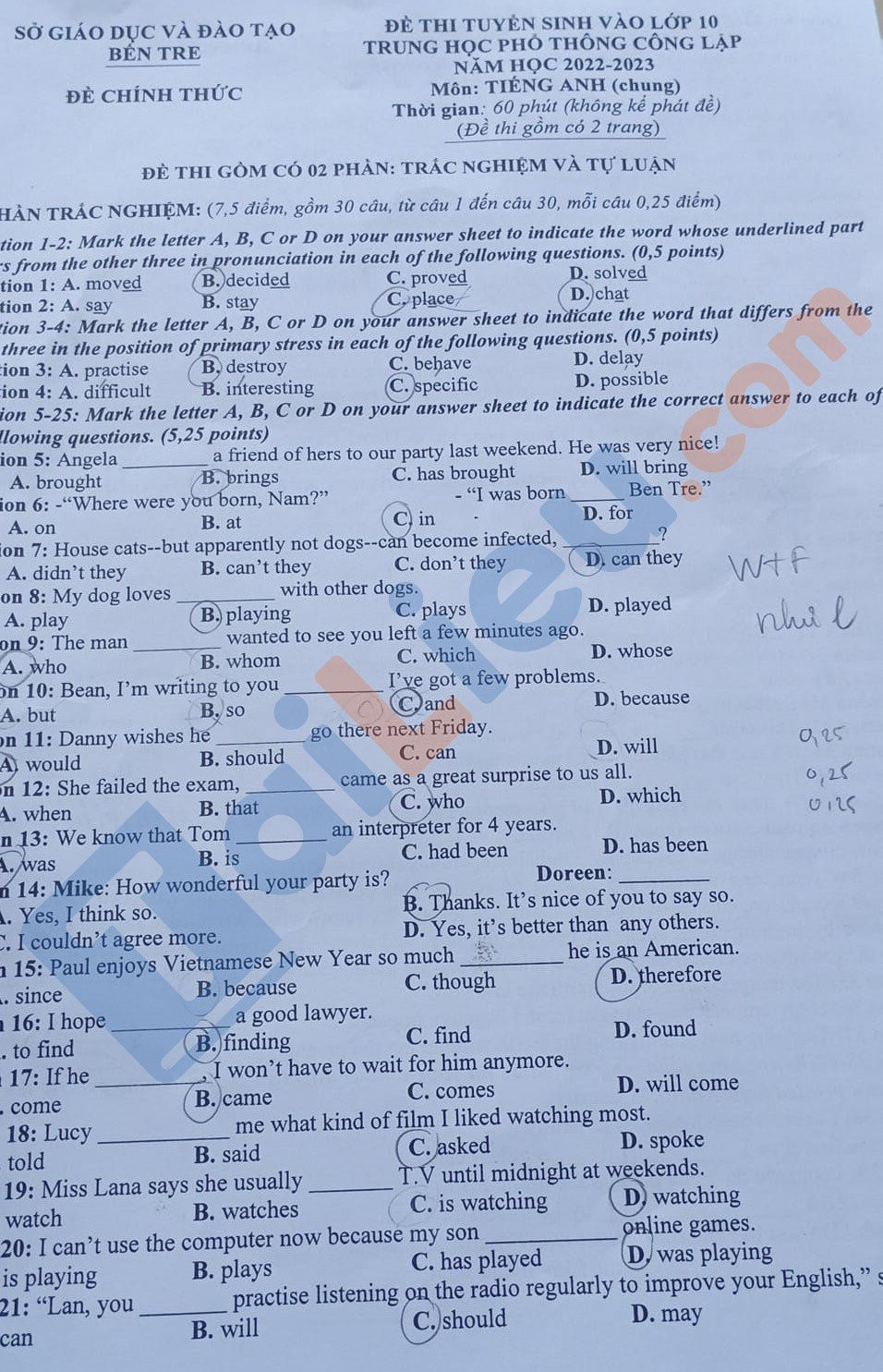 Đề thi chính thức vào 10 môn anh tỉnh Bến Tre năm 2022 có đáp án