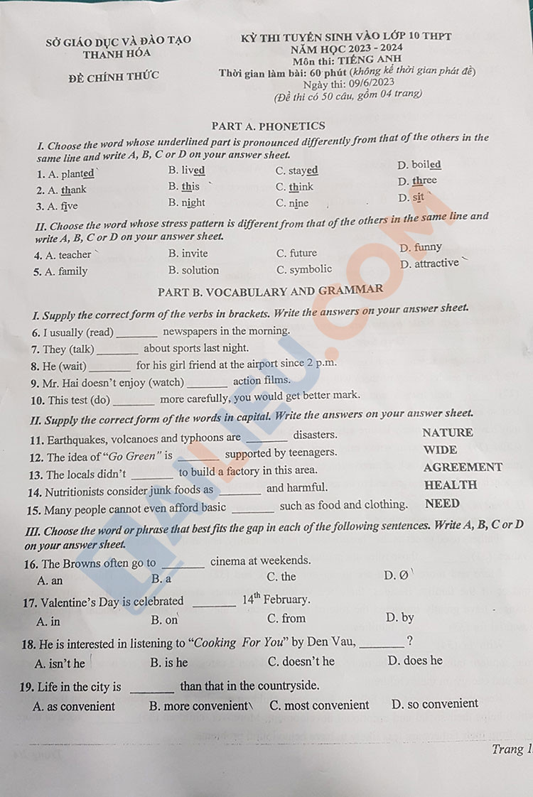 Đề thi chính thức vào 10 môn anh tỉnh Thanh Hóa năm 2023 có đáp án