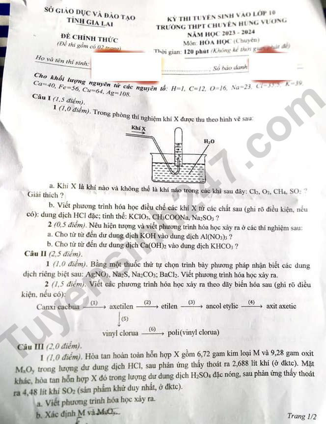 Đề thi vào 10 chuyên hóa Sở GD ĐT Gia Lai năm 2023 có đáp án