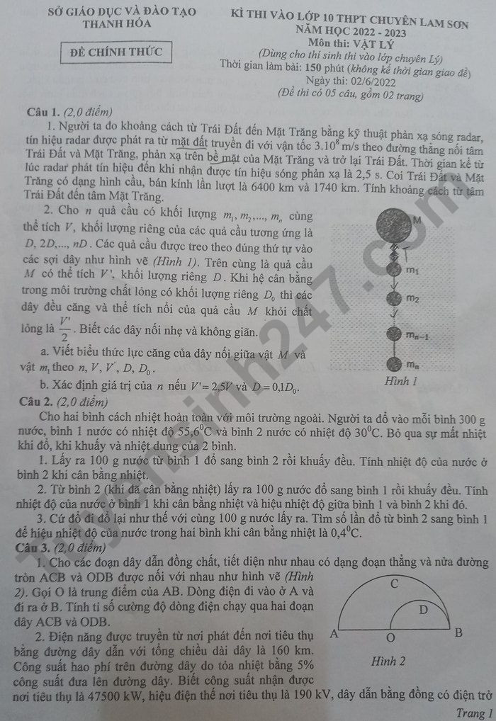 Đề thi vào 10 chuyên lý Sở GD ĐT Thanh Hóa năm 2022 có đáp án