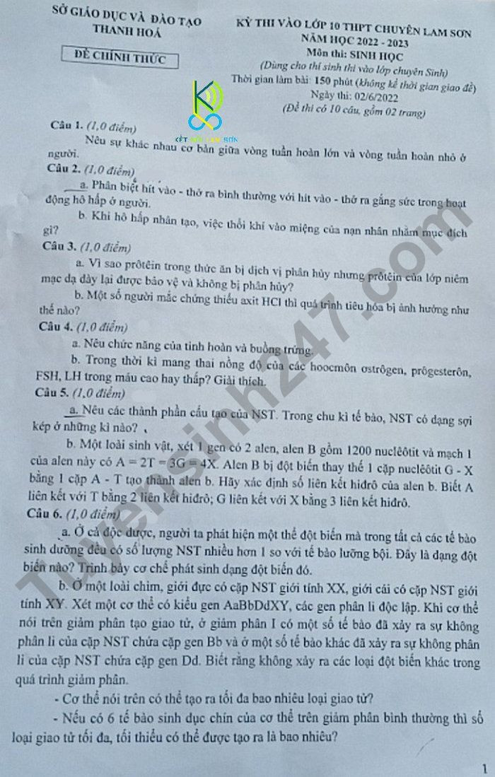 Đề thi vào 10 chuyên sinh Sở GD ĐT Thanh Hóa năm 2022 có đáp án