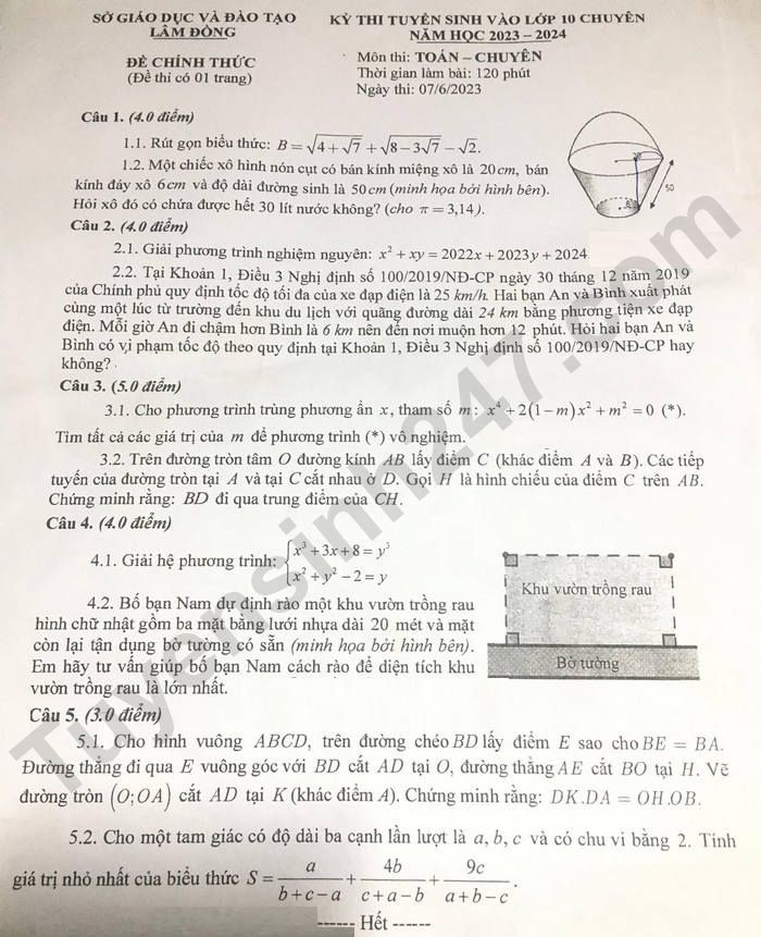 Đề thi vào 10 chuyên toán Sở GD ĐT Lâm Đồng năm 2023 có đáp án