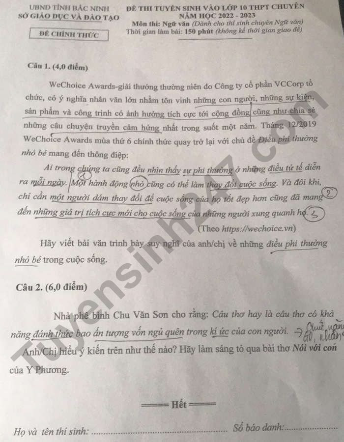 Đề thi vào 10 chuyên văn Sở GD ĐT Bắc Ninh năm 2022 có đáp án