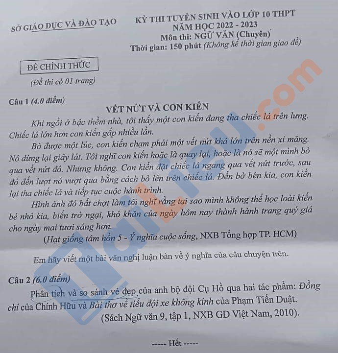 Đề thi vào 10 chuyên văn Sở GD ĐT Đắk Nông năm 2022 có đáp án