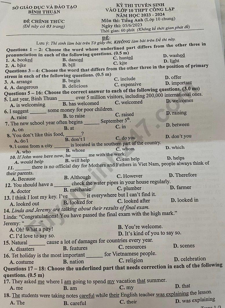 Đề thi chính thức vào 10 môn anh tỉnh Bình Thuận năm 2023 có đáp án