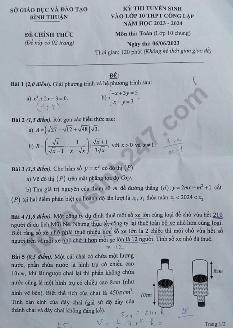 Đề thi chính thức vào 10 môn toán tỉnh Bình Thuận năm 2023 có đáp án