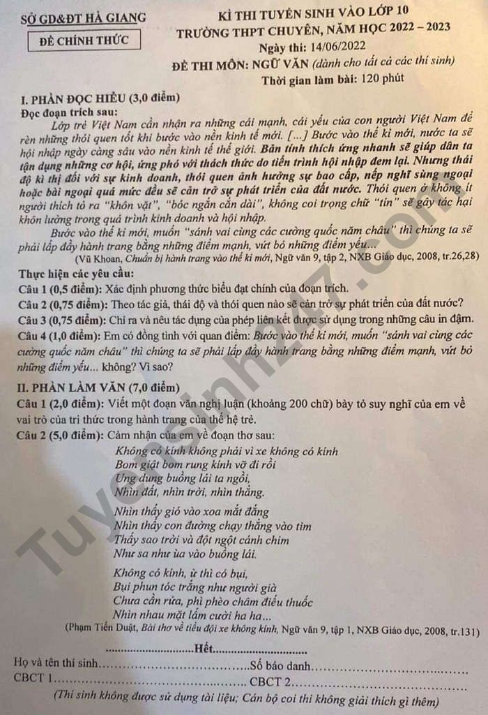 Đề thi vào 10 chuyên văn Sở GD ĐT Hà Giang năm 2022 có đáp án