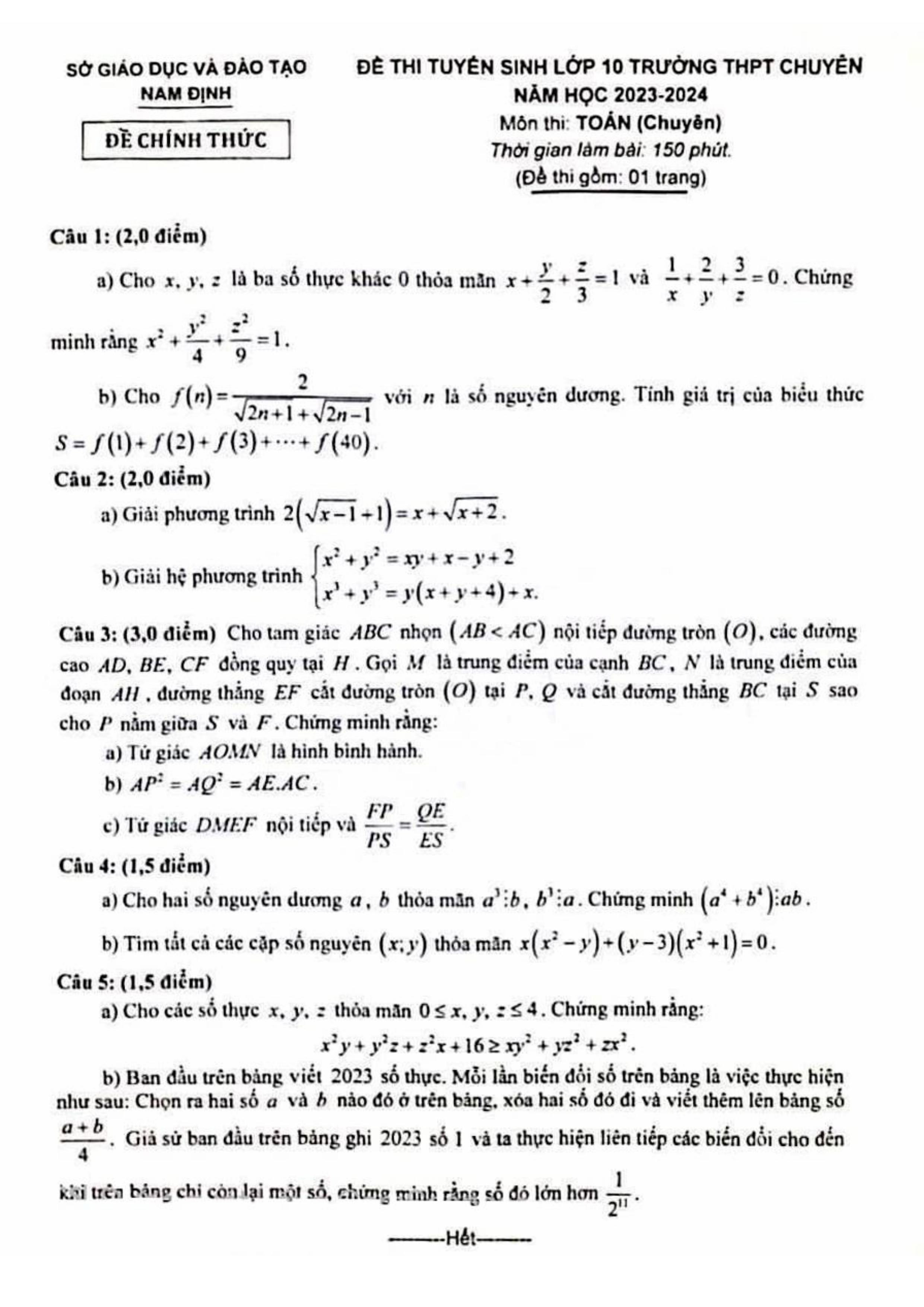 Đề thi vào 10 chuyên toán Sở GD ĐT Nam Định năm 2023 có đáp án