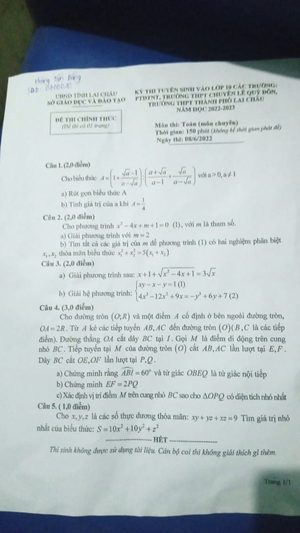 Đề thi vào 10 chuyên toán Sở GD ĐT Lai Châu năm 2022 có đáp án