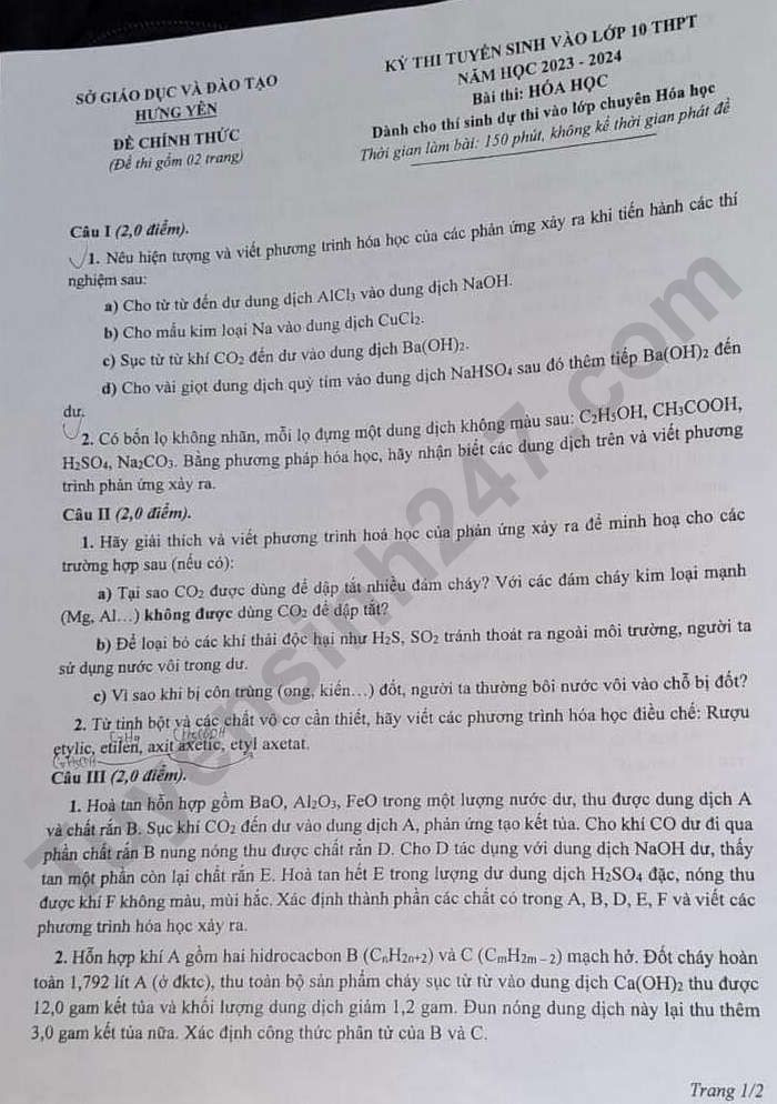 Đề thi vào 10 chuyên hóa Sở GD ĐT Hưng Yên năm 2023 có đáp án