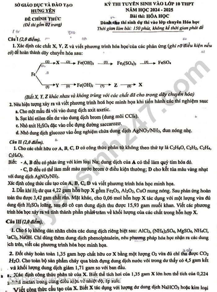 Đề thi vào 10 chuyên hóa Sở GD ĐT Hưng Yên năm 2024 có đáp án