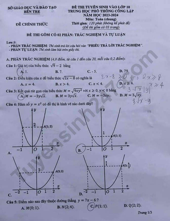 Đề thi chính thức vào 10 môn toán tỉnh Bến Tre năm 2023 có đáp án