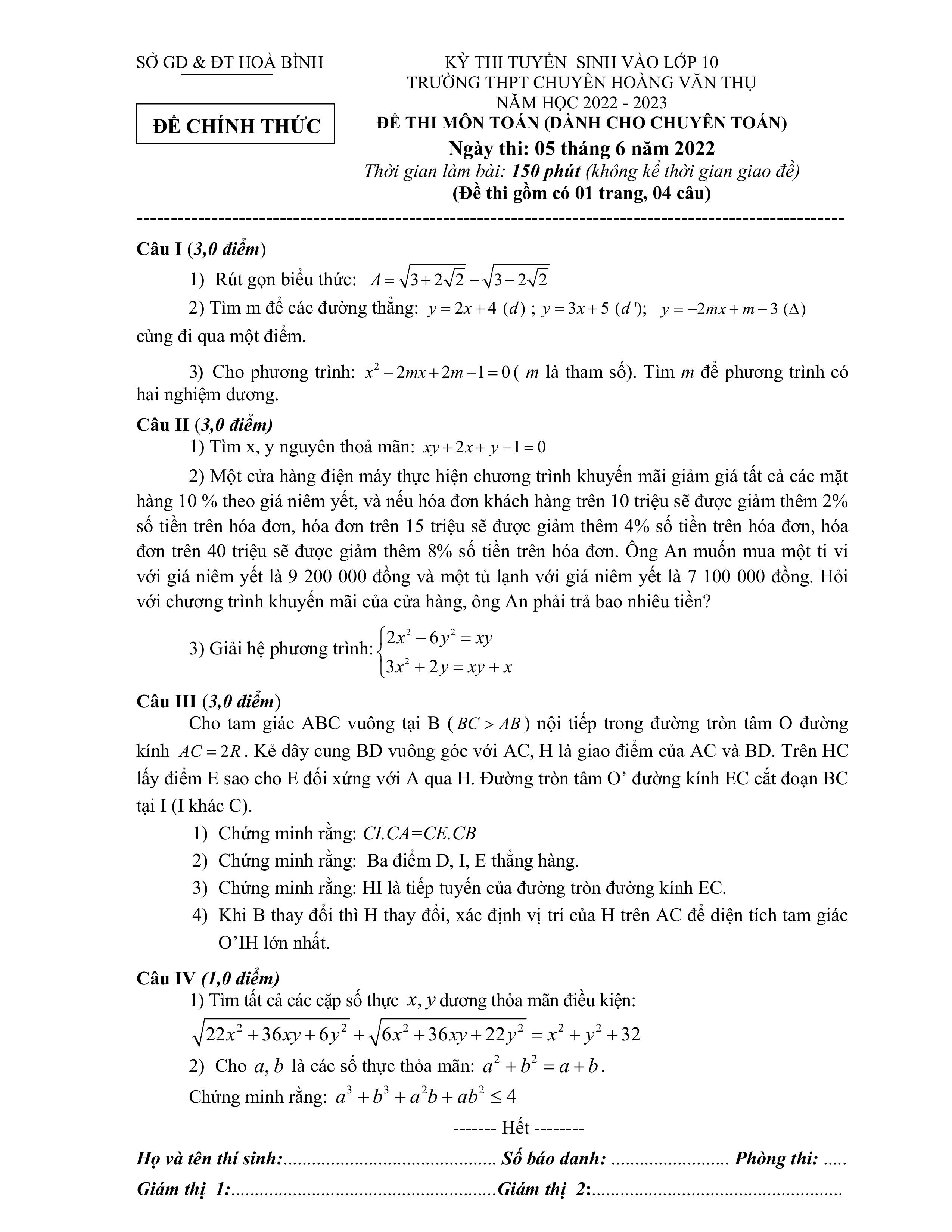 Đề thi vào 10 chuyên toán Sở GD ĐT Hòa Bình năm 2022 có đáp án