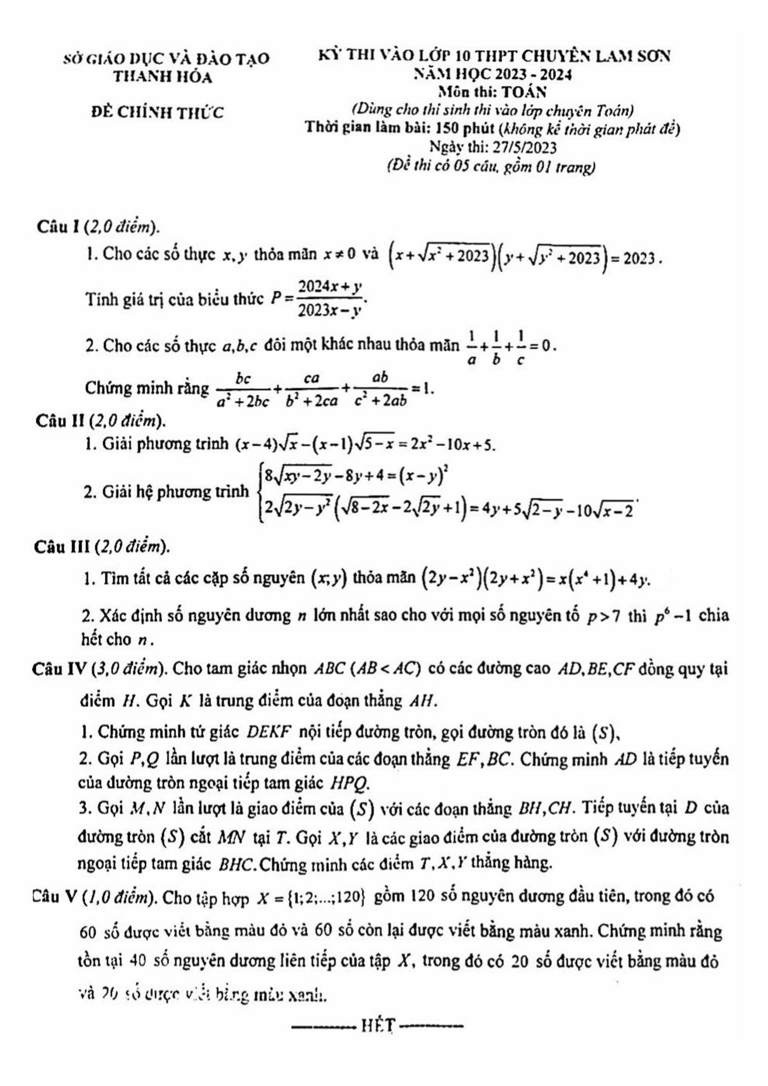 Đề thi vào 10 chuyên toán Sở GD ĐT Thanh Hóa năm 2023 có đáp án