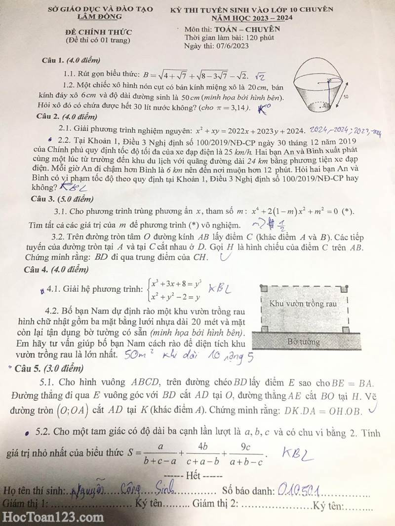 Đề thi vào 10 chuyên toán Sở GD ĐT Lâm Đồng năm 2022 có đáp án