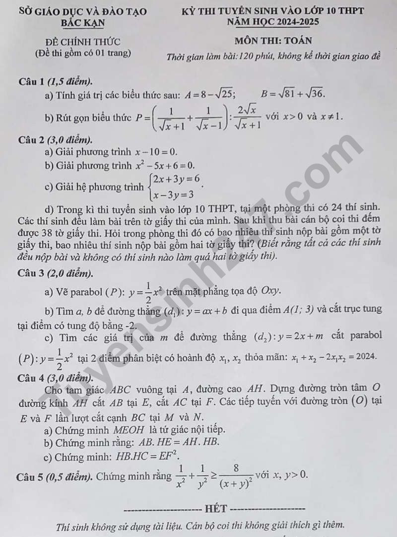 Đề thi chính thức vào 10 môn toán tỉnh Bắc Kạn năm 2024 có đáp án