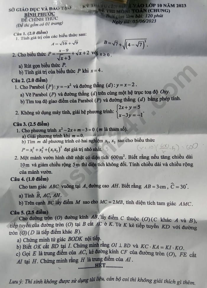 Đề thi chính thức vào 10 môn toán tỉnh Bình Phước năm 2023 có đáp án