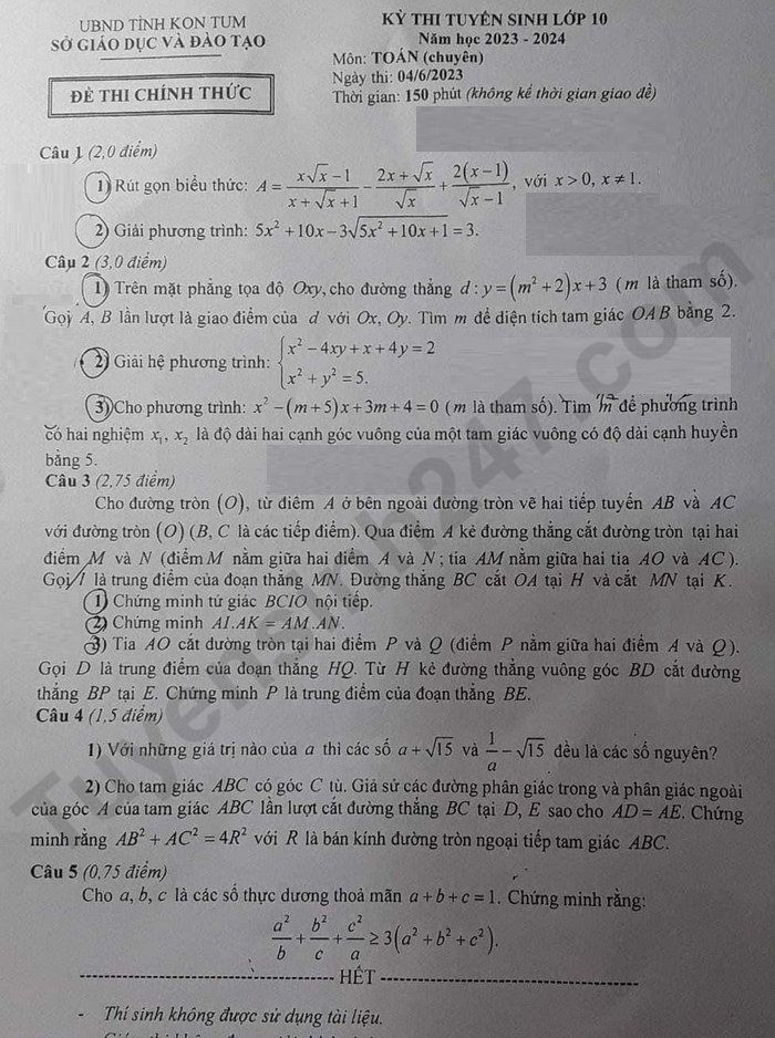 Đề thi vào 10 chuyên toán Sở GD ĐT Kon Tum năm 2023 có đáp án