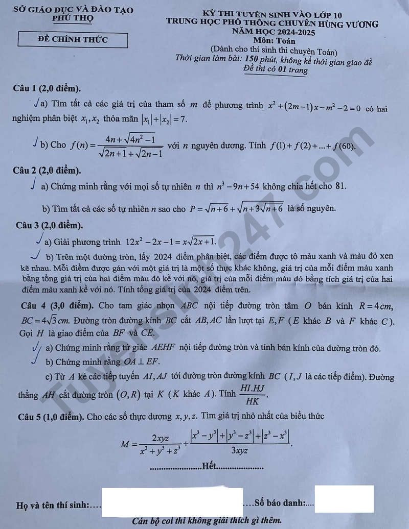 Đề thi vào 10 chuyên toán Sở GD ĐT Phú Thọ năm 2024 có đáp án
