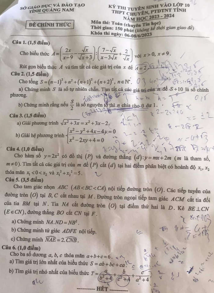 Đề thi vào 10 chuyên toán tin Sở GD ĐT Quảng Nam năm 2023 có đáp án