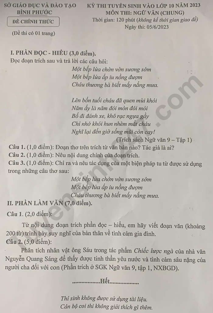 Đề thi chính thức vào 10 môn văn tỉnh Bình Phước năm 2023 có đáp án