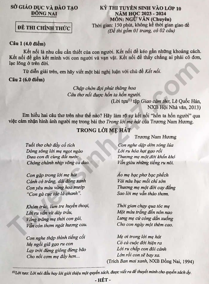 Đề thi vào 10 chuyên văn Sở GD ĐT Đồng Nai năm 2023 có đáp án