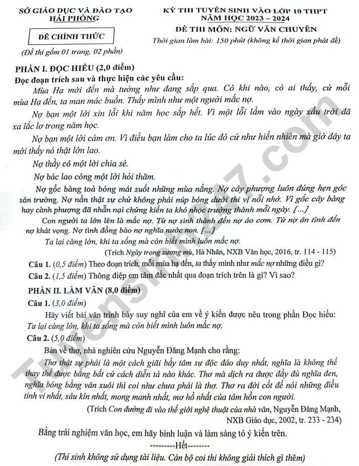 Đề thi vào 10 chuyên văn Sở GD ĐT Hải Phòng năm 2023 có đáp án