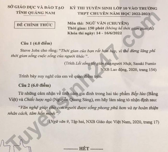 Đề thi vào 10 chuyên văn Sở GD ĐT Quảng Nam năm 2022 có đáp án