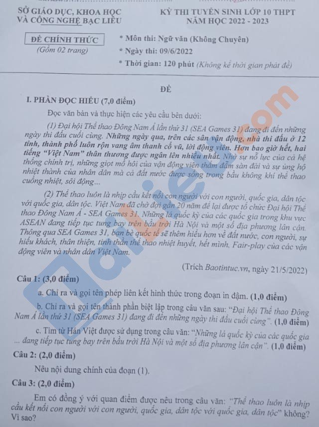 Đề thi chính thức vào 10 môn văn tỉnh Bạc Liêu năm 2022 có đáp án