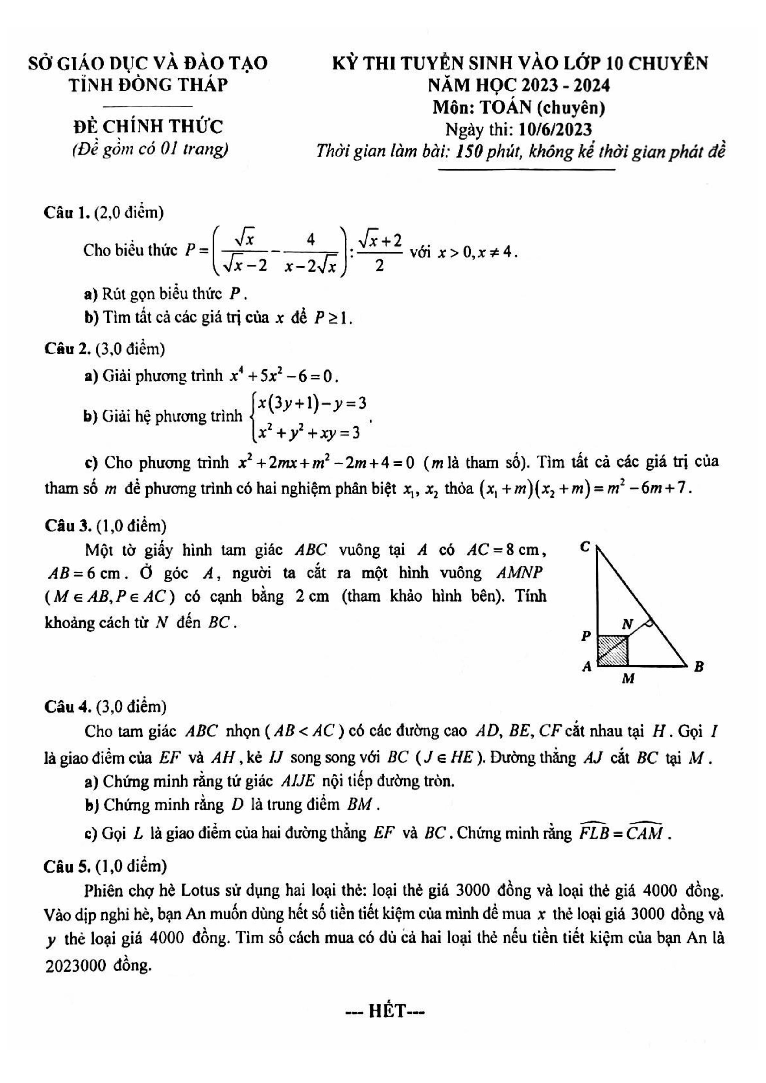 Đề thi vào 10 chuyên toán Sở GD ĐT Đồng Tháp năm 2023 có đáp án