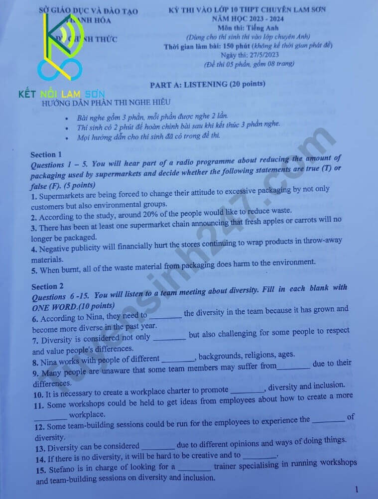 Đề thi vào 10 chuyên anh Sở GD ĐT Thanh Hóa năm 2023 có đáp án