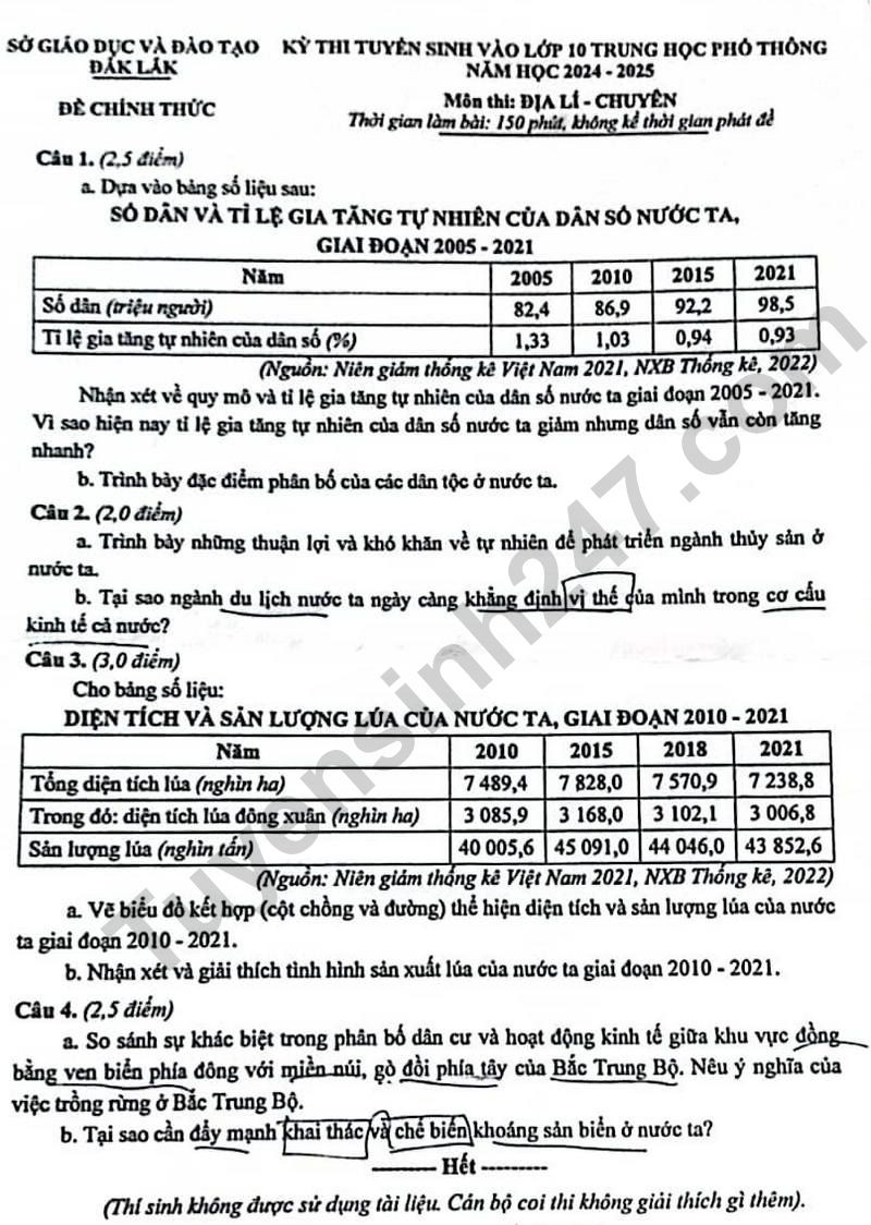 Đề thi vào 10 chuyên địa  Sở GD ĐT Đắk Lắk năm 2024 có đáp án