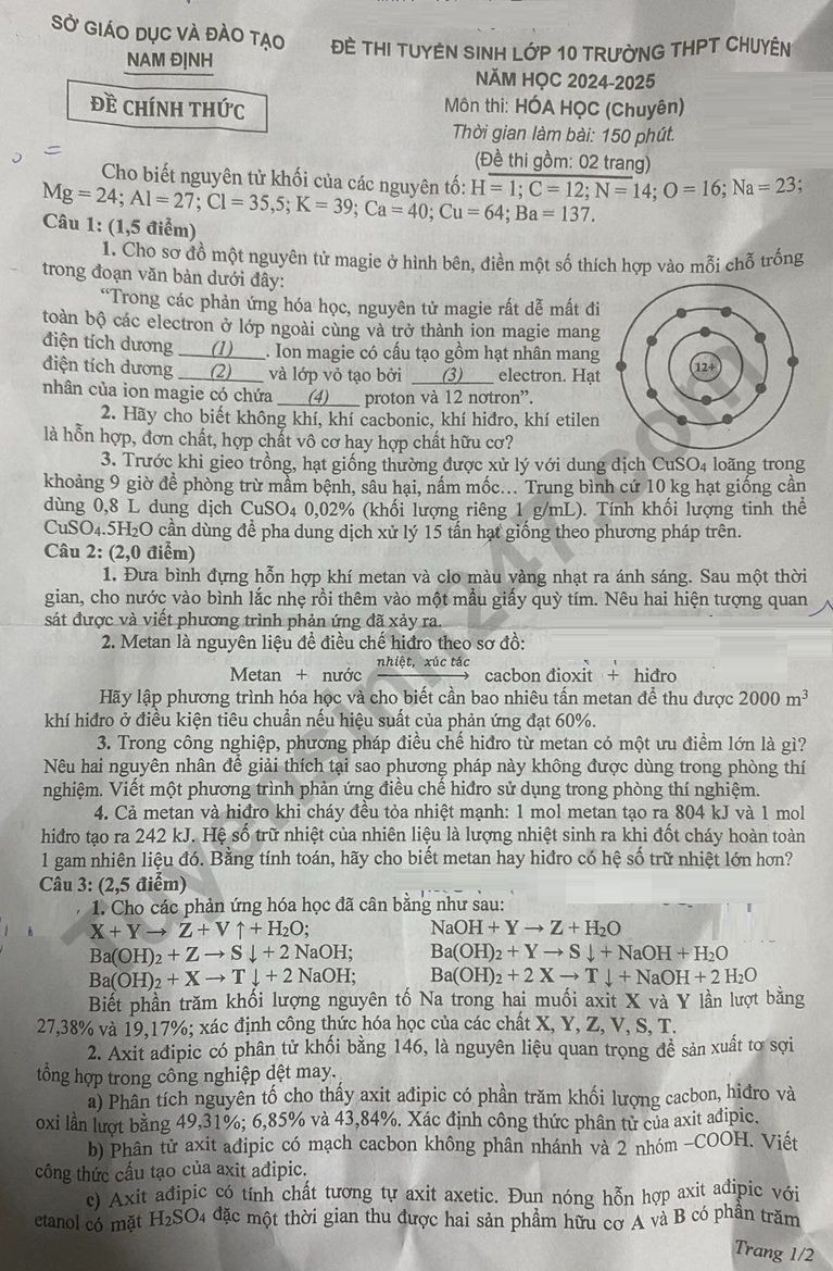 Đề thi vào 10 chuyên hóa Sở GD ĐT Nam Định năm 2024 có đáp án
