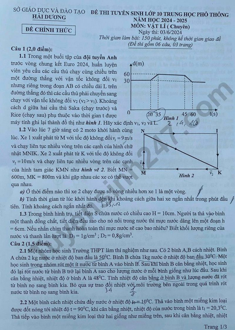 Đề thi vào 10 chuyên lý Sở GD ĐT Hải Dương năm 2024 có đáp án