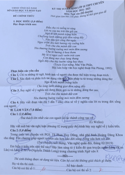 Đề thi vào 10 chuyên văn Sở GD ĐT Hà Nam năm 2024 có đáp án