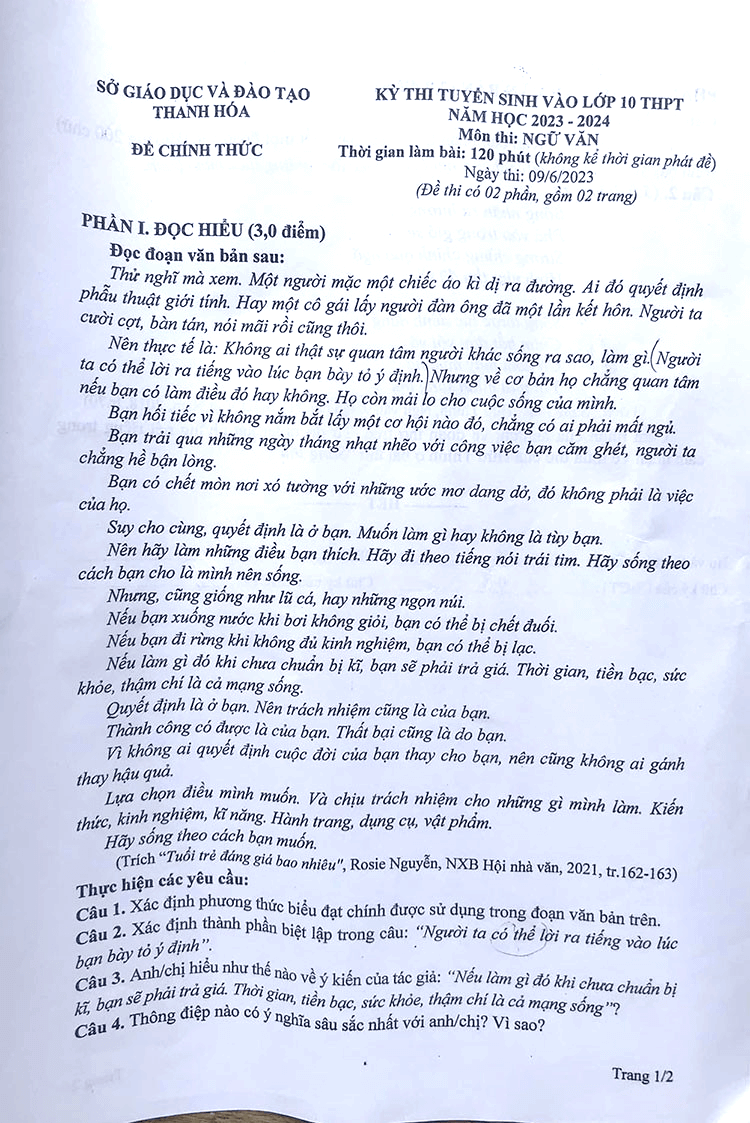Đề thi chính thức vào 10 môn văn tỉnh Thanh Hóa năm 2023 có đáp án