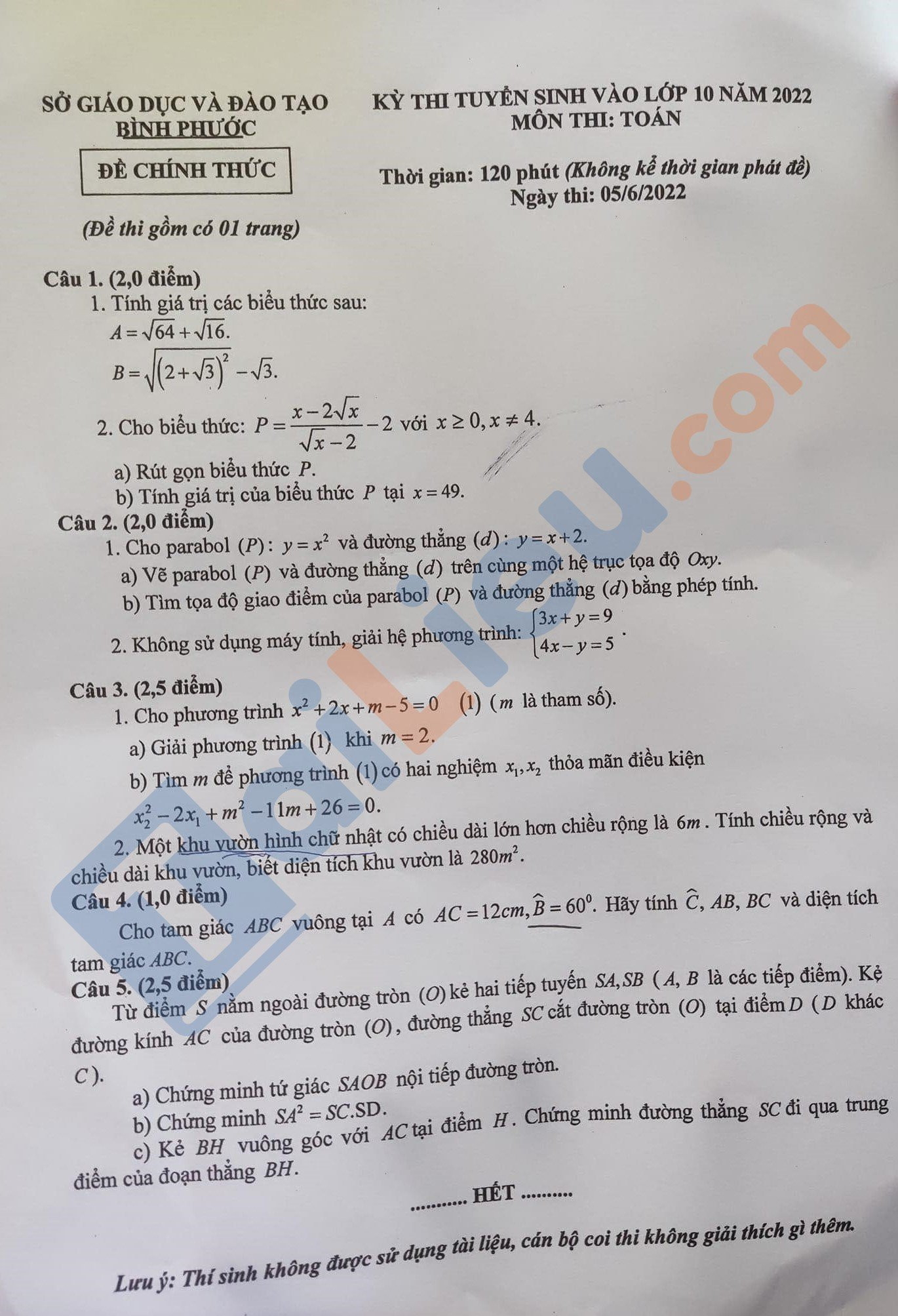 Đề thi chính thức vào 10 môn toán tỉnh Bình Phước năm 2022 có đáp án