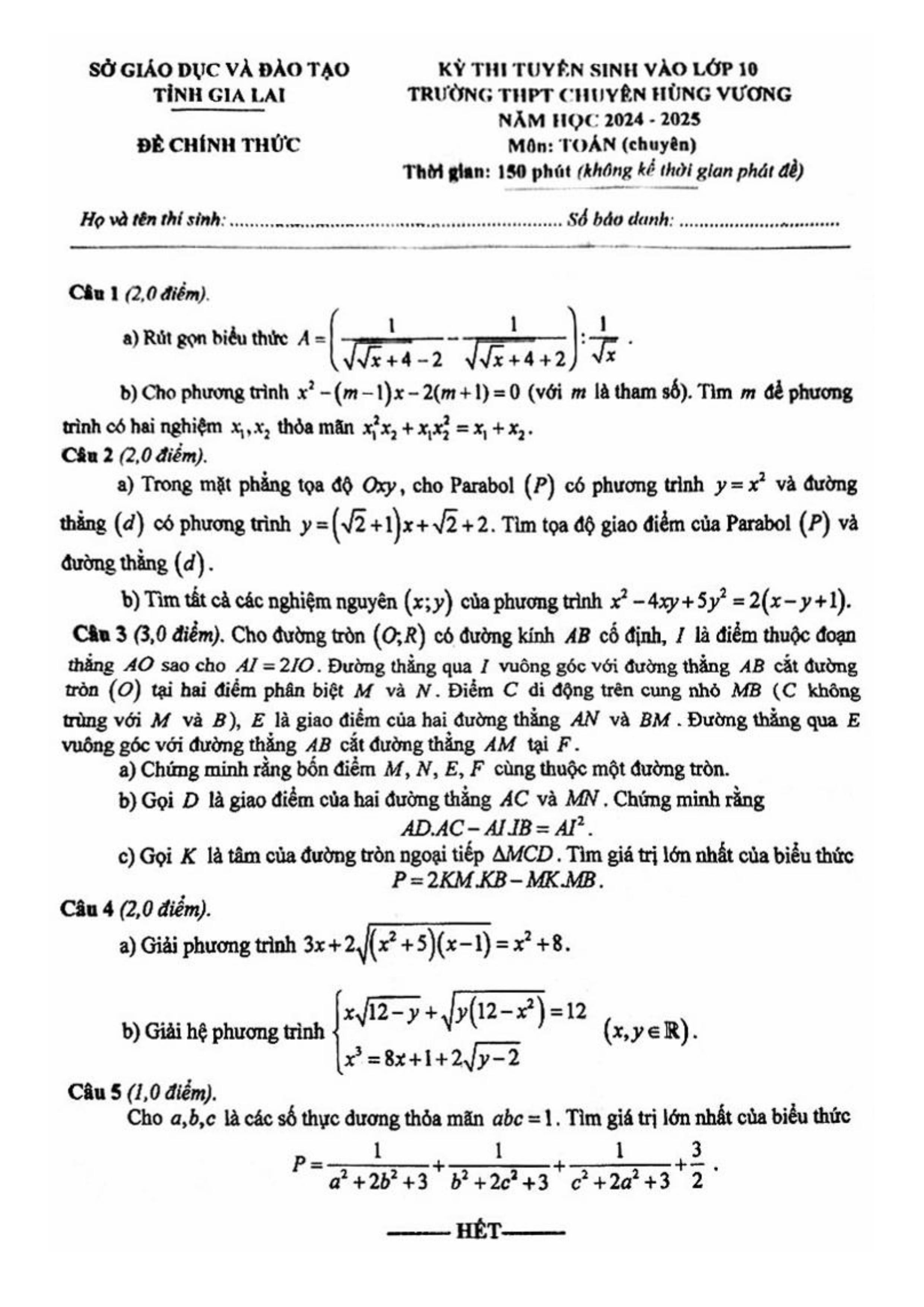 Đề thi vào 10 chuyên toán Sở GD ĐT Gia Lai năm 2024 có đáp án