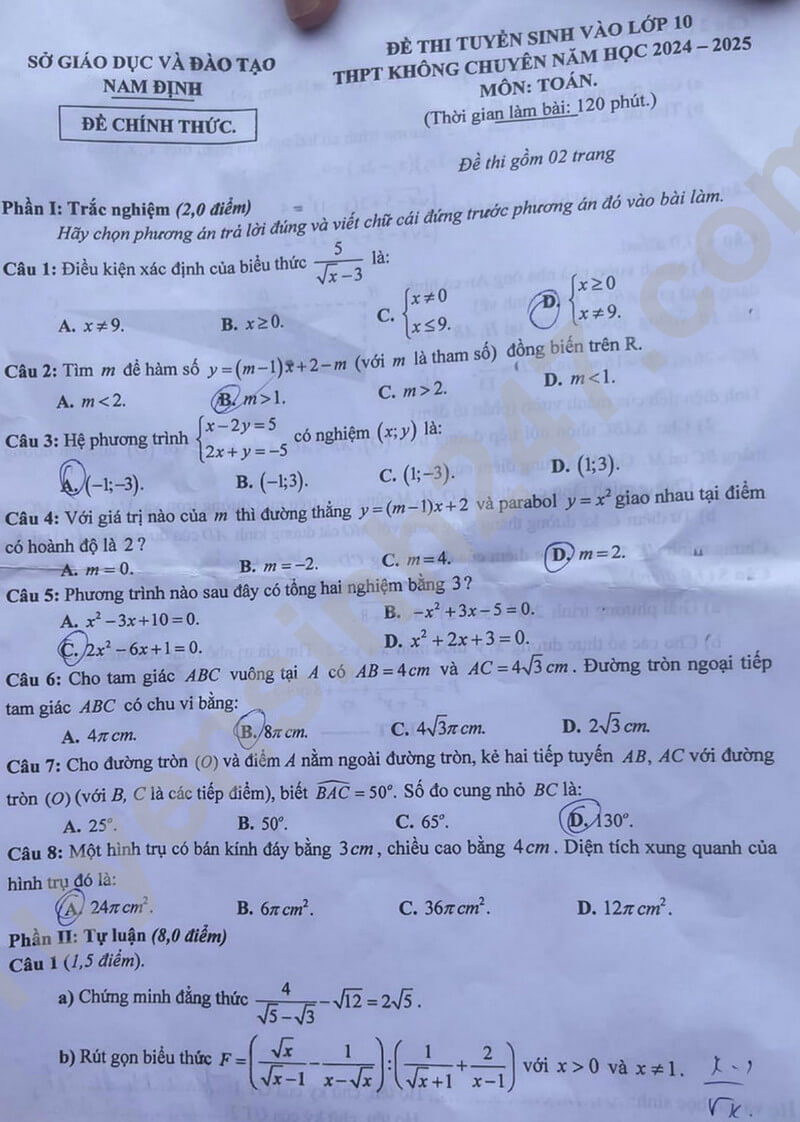 Đề thi chính thức vào 10 môn toán tỉnh Nam Định năm 2024 có đáp án
