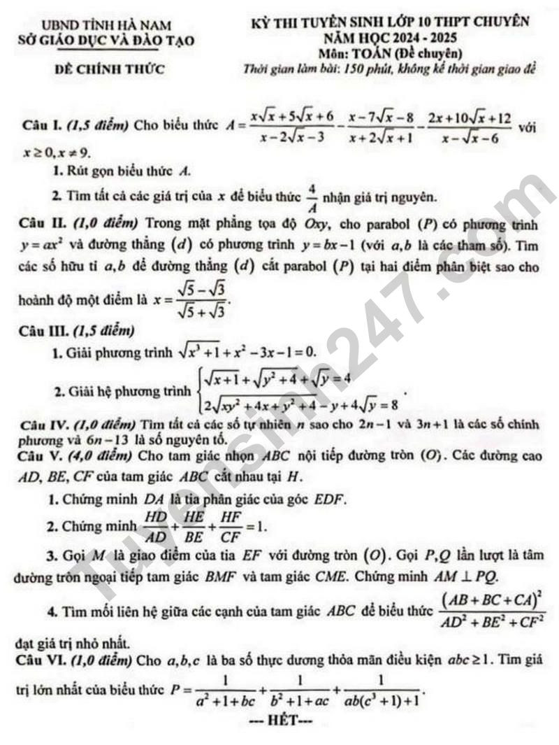 Đề thi vào 10 chuyên toán Sở GD ĐT Hà Nam năm 2024 có đáp án
