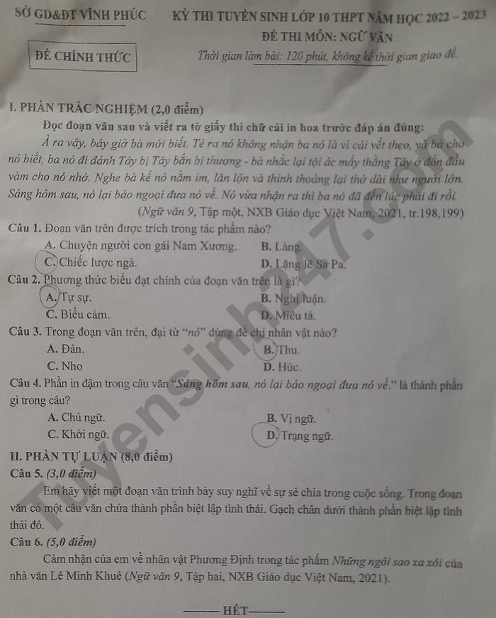 Đề thi chính thức vào 10 môn văn tỉnh Vĩnh Phúc năm 2022 có đáp án