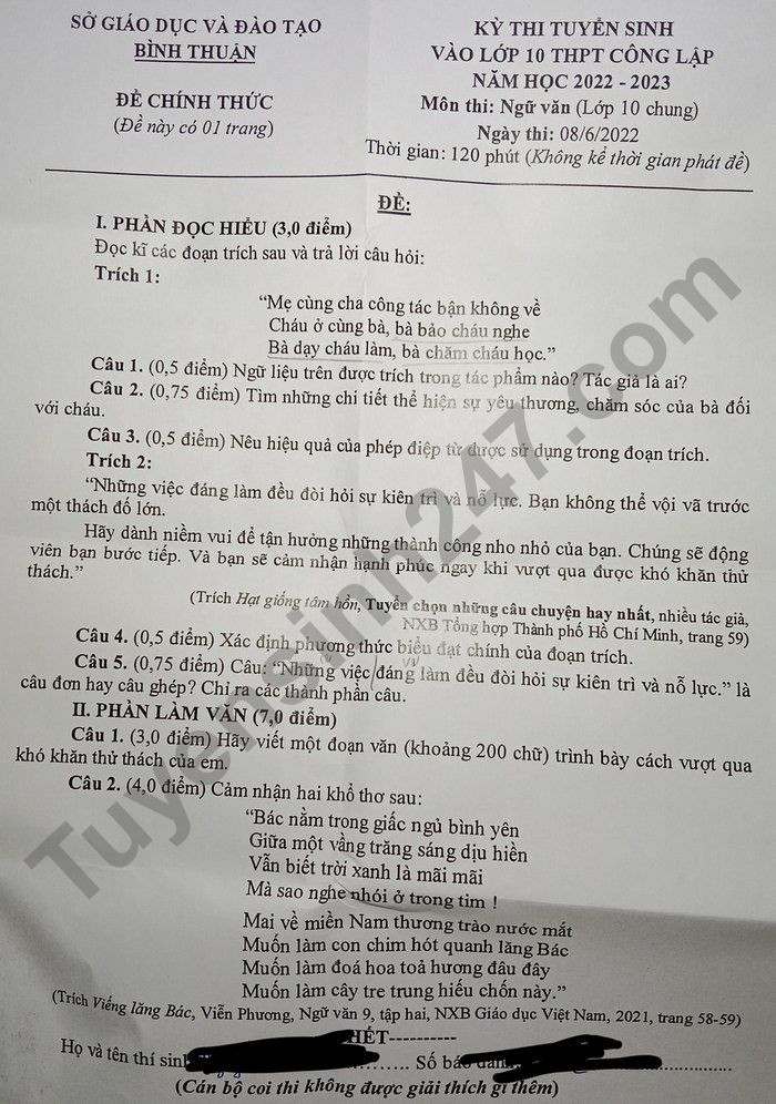 Đề thi chính thức vào 10 môn văn tỉnh Bình Thuận năm 2022 có đáp án