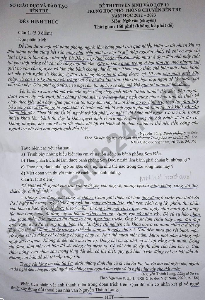 Đề thi vào 10 chuyên văn Sở GD ĐT Bến Tre năm 2022 có đáp án
