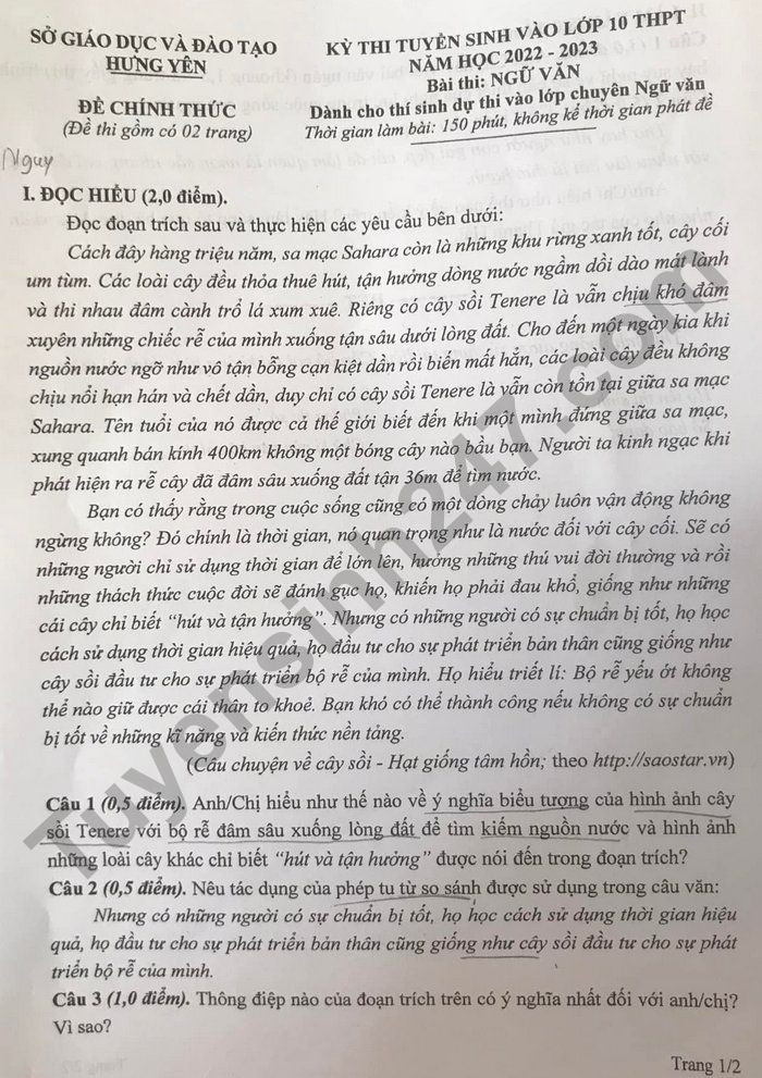 Đề thi vào 10 chuyên văn Sở GD ĐT Hưng Yên năm 2022 có đáp án