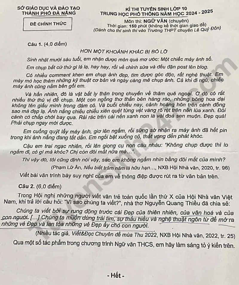 Đề thi vào 10 chuyên văn Sở GD ĐT Đà Nẵng năm 2024 có đáp án