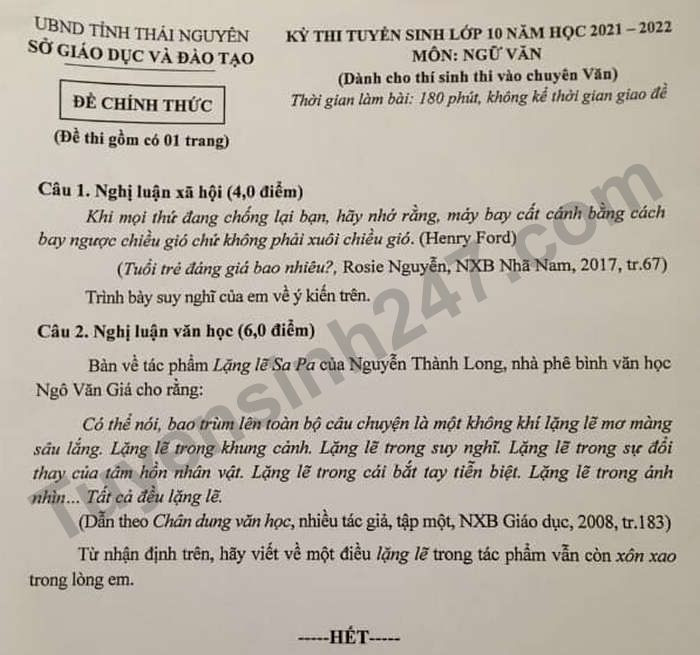 Đề thi vào 10 chuyên văn Sở GD ĐT Thái Nguyên năm 2022 có đáp án