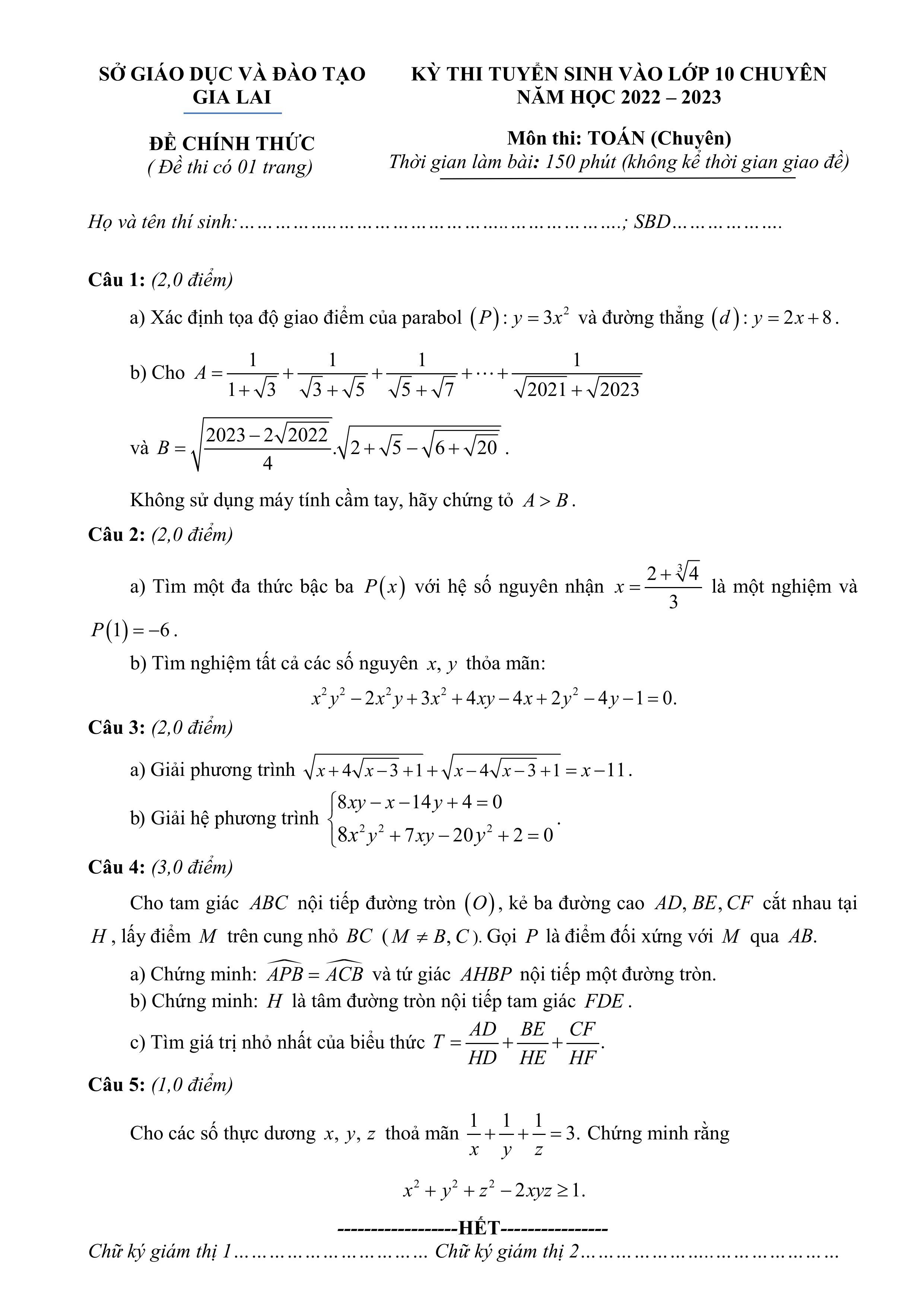 Đề thi vào 10 chuyên toán Sở GD ĐT Gia Lai năm 2022 có đáp án