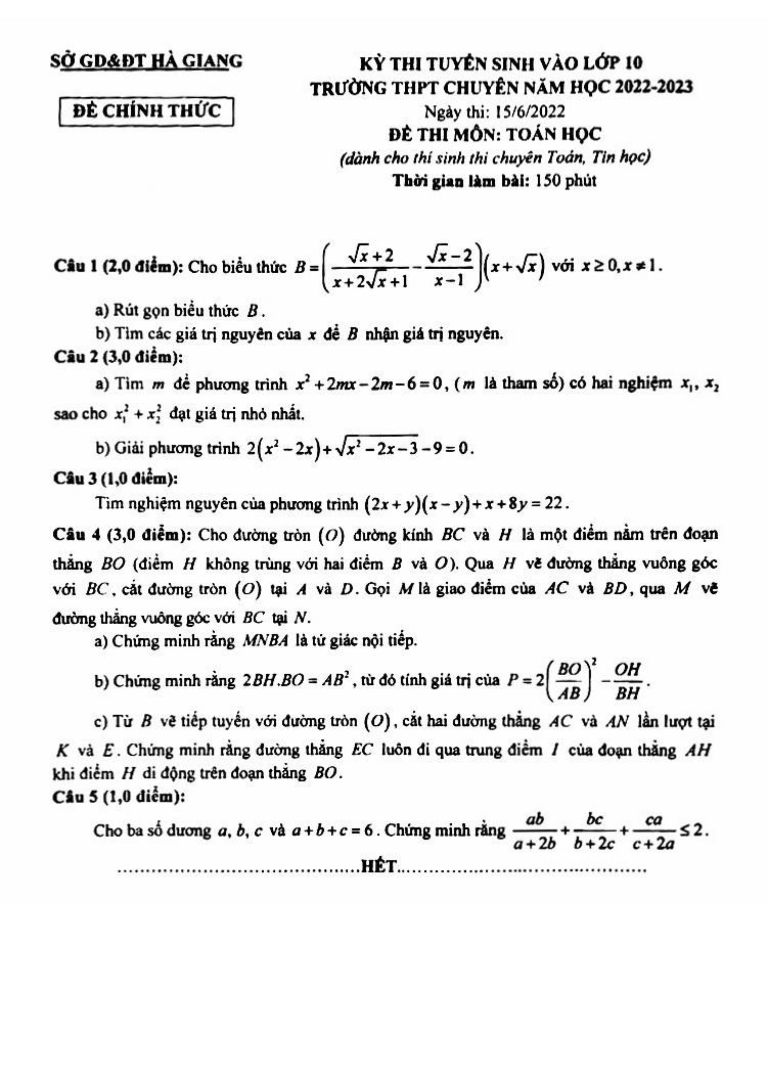 Đề thi vào 10 chuyên toán Sở GD ĐT Hà Giang năm 2022 có đáp án