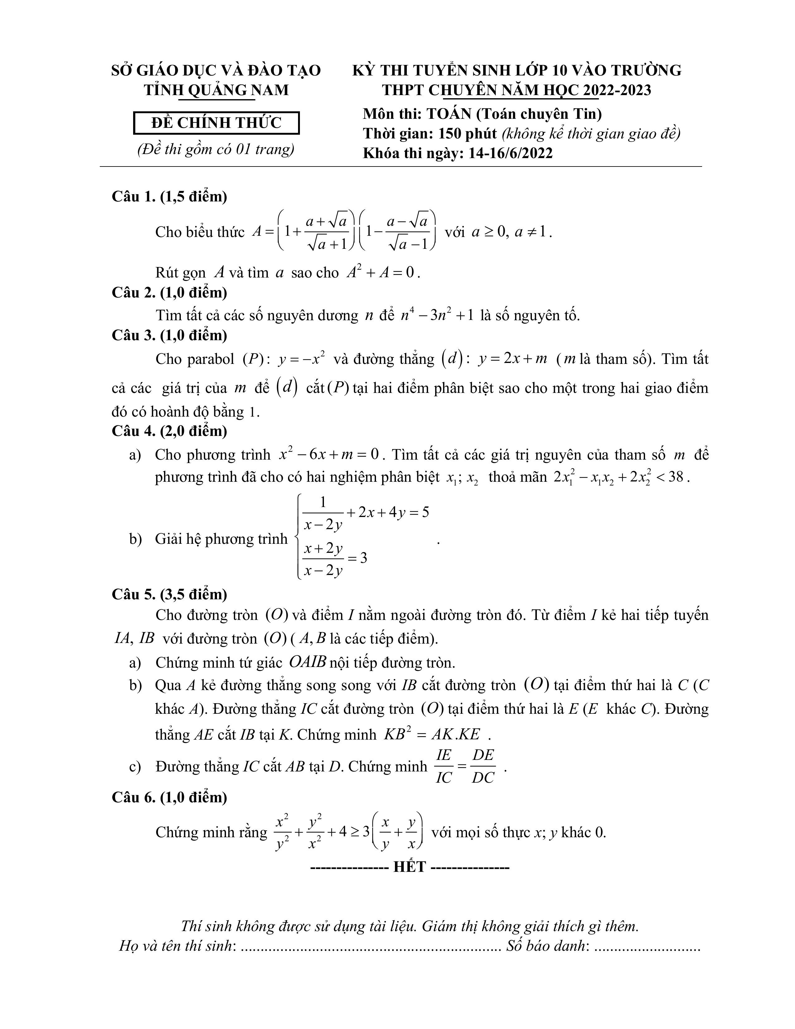 Đề thi vào 10 chuyên toán tin Sở GD ĐT Quảng Nam năm 2022 có đáp án
