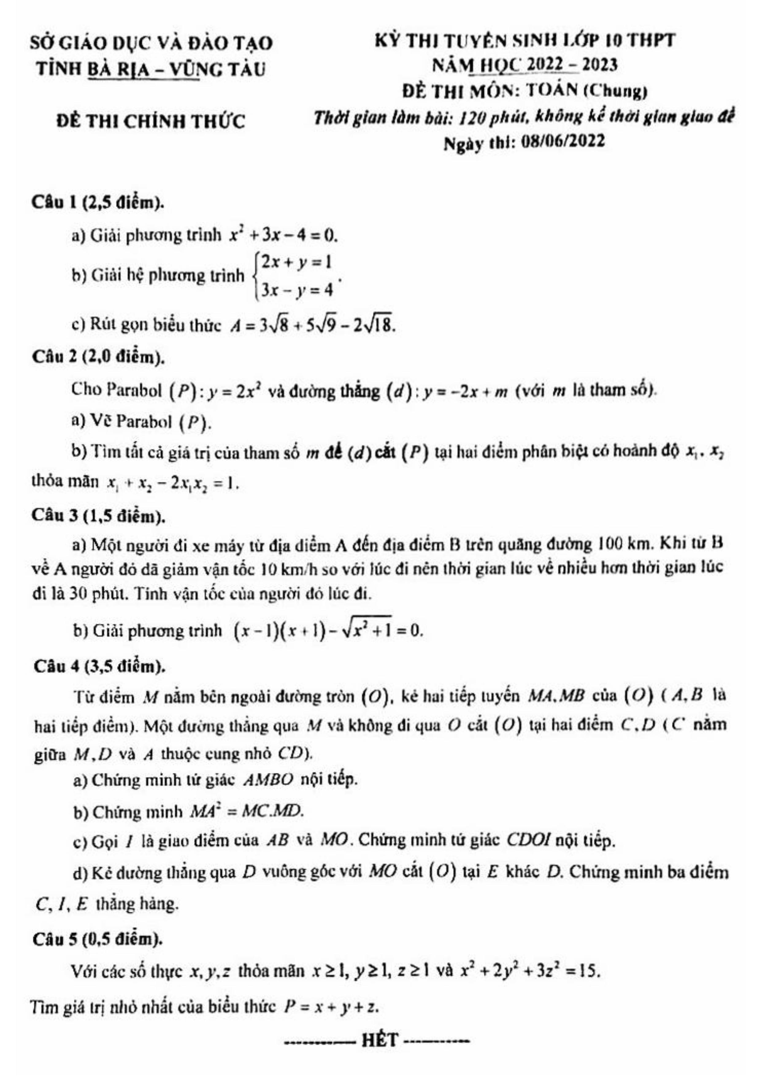 Đề thi chính thức vào 10 môn toán tỉnh Bà Rịa - Vũng Tàu năm 2022 có đáp án
